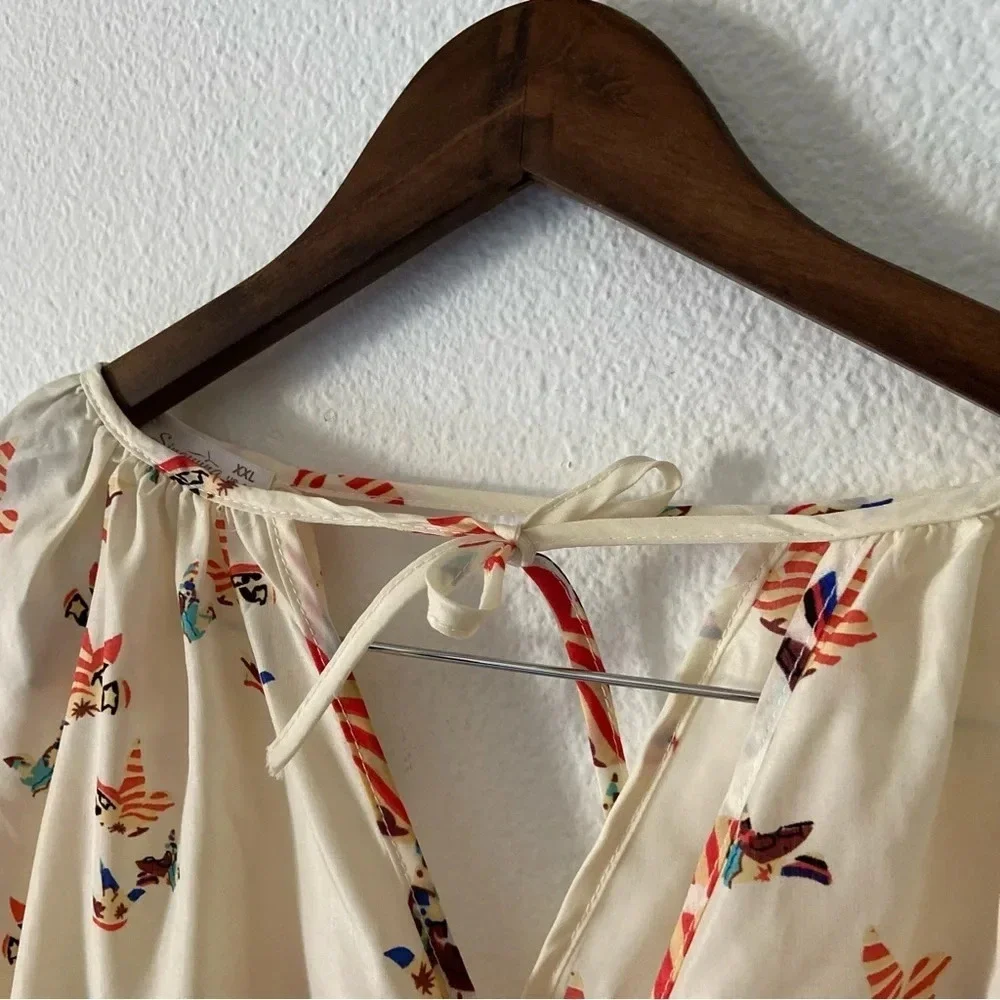 Colorful Bird Blouse Boho Cottagecore Americana Patriotic XXL Chiffon Tie Neck